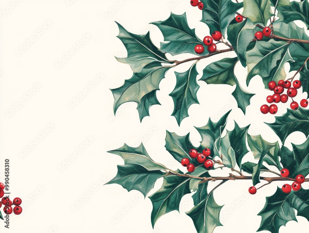 Fototapeta premium 2408 34.A charming illustration of Christmas branches with holly leaves and bright red berries, perfect for holiday cards and New Year invitations. The intricate details of the foliage and berries