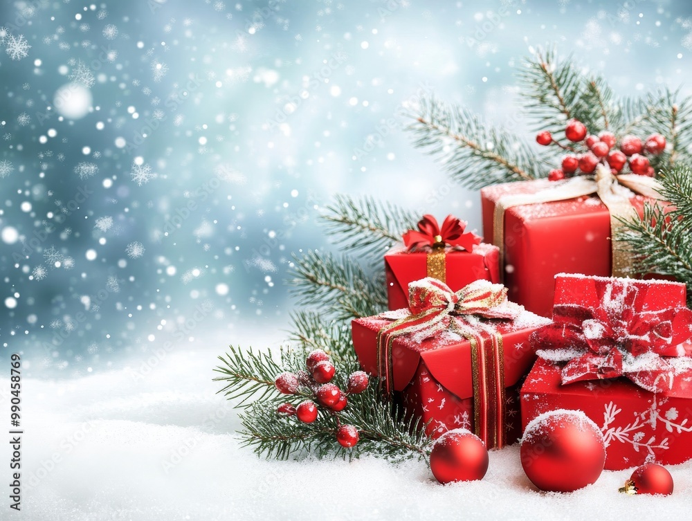 2408 39.A snowy winter background with red Christmas decorations, including gift boxes, baubles, and fir branches. The soft glow of Christmas lights illuminates the scene, creating a warm, festive 2408 39.A snowy winter background with red Christmas decorations, including gift boxes, baubles, and fir branches. The soft glow of Christmas lights illuminates the scene, creating a warm, festive