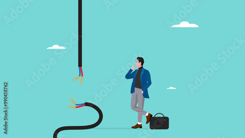 lost connection, system error or broken page, Disconnected wires from the outlet, 404 error page not found on website, server problems or loss of signal, confused businessman with disconnected cable