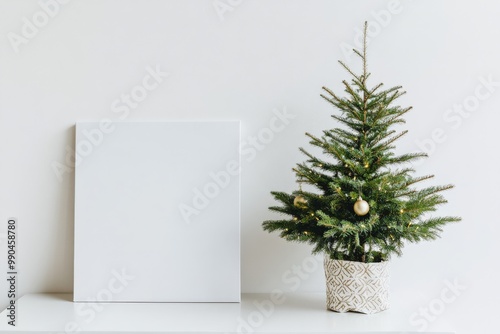 Minimalist Christmas Mockup with Small Tree and Blank Canvas photo