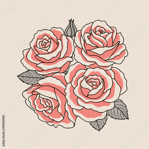 Stylized illustration of four blooming roses, featuring pink and white petals outlined in black with gray-shaded leaves against a light beige background. Grafic design element in five colors.