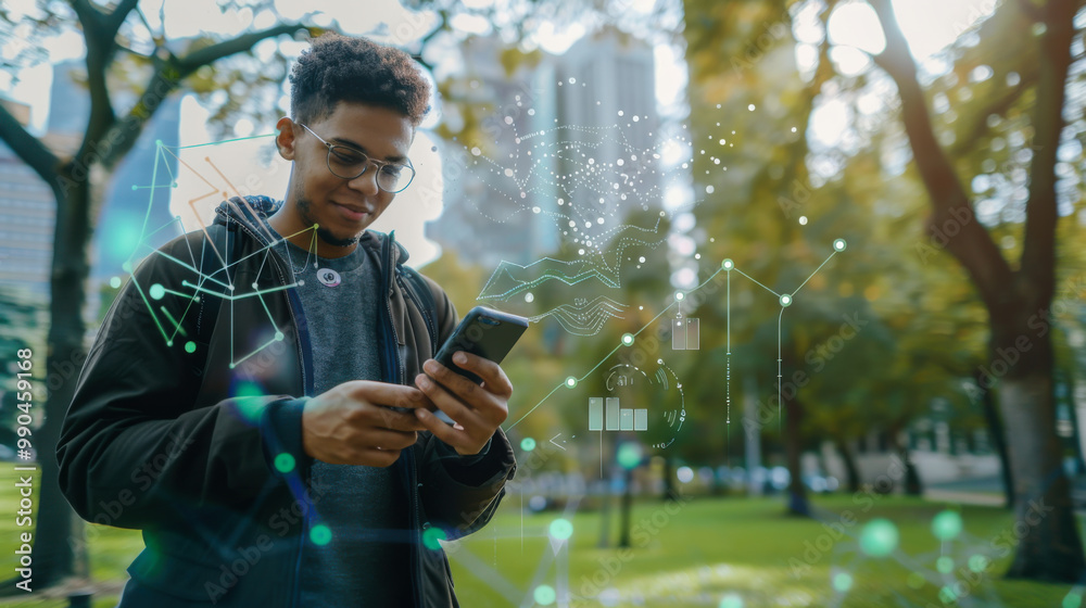 A young man checks his smartphone as digital data graphics float around him in a vibrant park filled with trees. A young man checks his smartphone as digital data graphics float around him in a vibrant park filled with trees.
