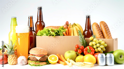 An inviting assortment of fast food, refreshing fruits, and various drinks are artfully arranged in a cardboard box against a clean backdrop