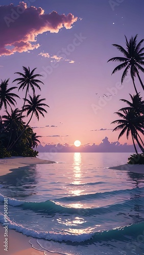 the natural seaside under a pastel pink and purple sunset.Distant view, long-shot. High definition. High contrast. High resolution. High color saturation. Intricate detail. Anime art 