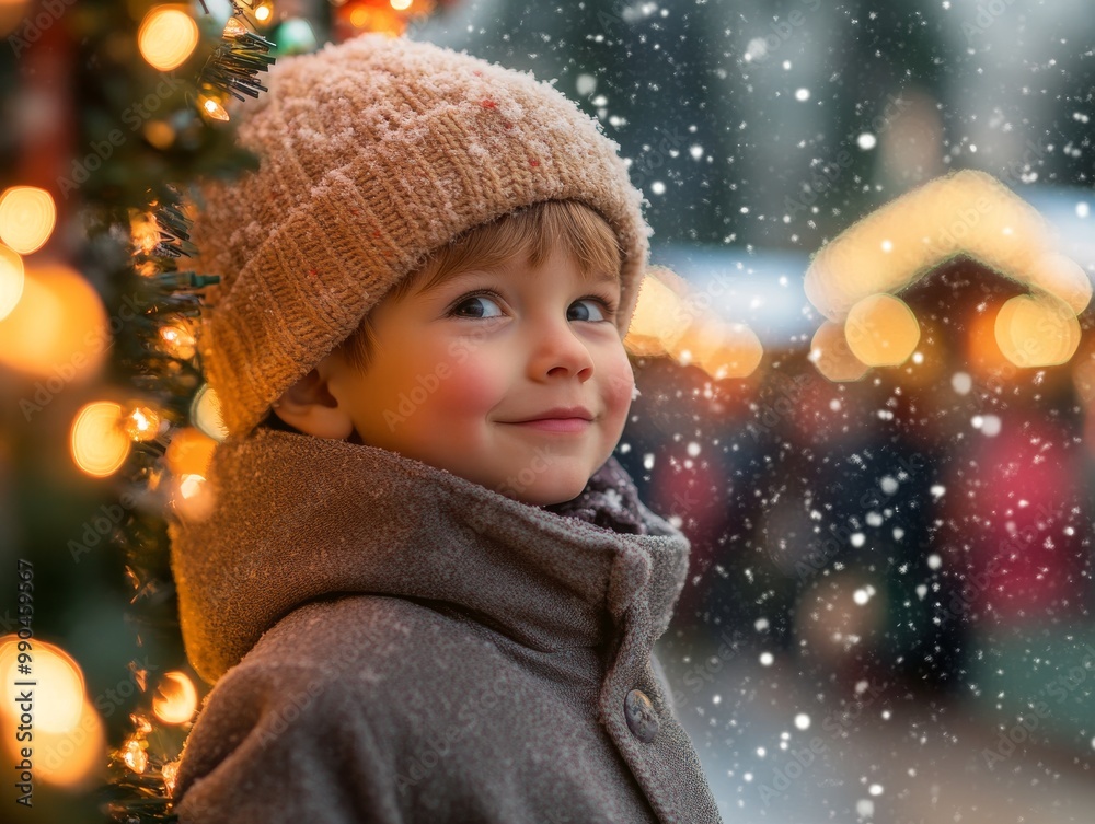 2408 51.A cute little boy bundled up in warm winter clothes, standing by a beautifully illuminated Christmas tree at a traditional German Christmas market. Snowflakes gently fall around him, creating 2408 51.A cute little boy bundled up in warm winter clothes, standing by a beautifully illuminated Christmas tree at a traditional German Christmas market. Snowflakes gently fall around him, creating