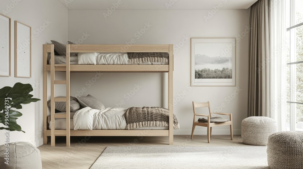 © Pricha.RT - Nordic-inspired bedroom with minimalist bunk beds, featuring light wood, neutral tones, and clean lines. The simple design creates a cozy, uncluttered space.