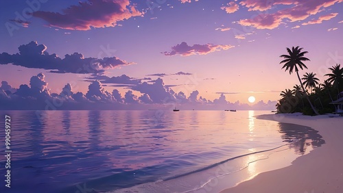 the natural seaside under a pastel pink and purple sunset.Distant view, long-shot. High definition. High contrast. High resolution. High color saturation. Intricate detail. Anime art 