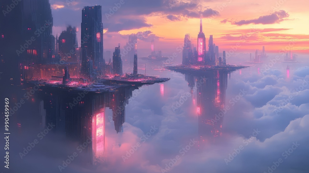 Fototapeta premium A floating city built on massive platforms suspended above the clouds, with glowing towers rising into the sky.
