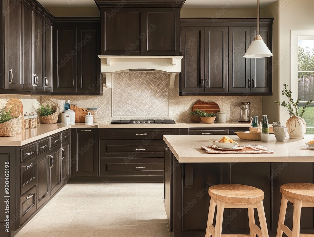 A kitchen with dark brown cabinetry, cream-colored countertops, and a tan backsplash A kitchen with dark brown cabinetry, cream-colored countertops, and a tan backsplash