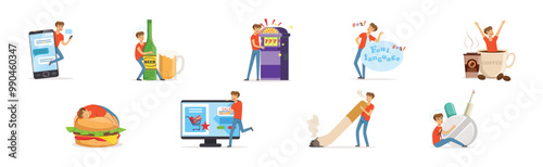 Bad Habits with Man Character Have Some Addictions Problem Vector Set