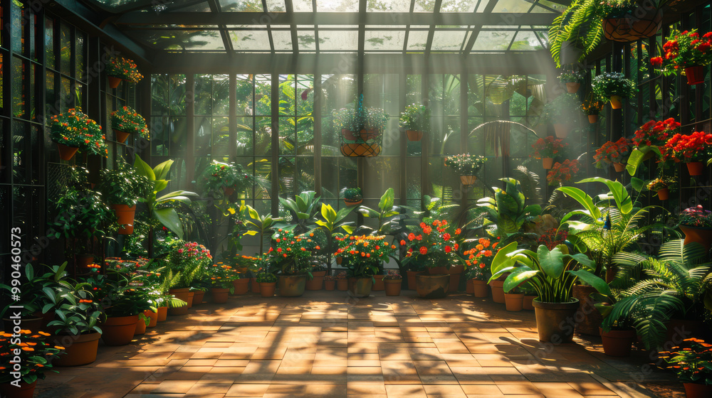 Fototapeta premium Sunlight filters through the glass roof of a greenhouse, illuminating an array of colorful plants and flowers in various pots.