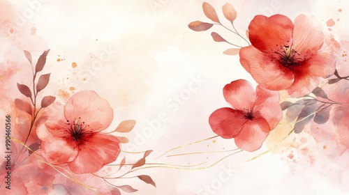 Watercolor floral background with delicate pink flowers and golden accents.