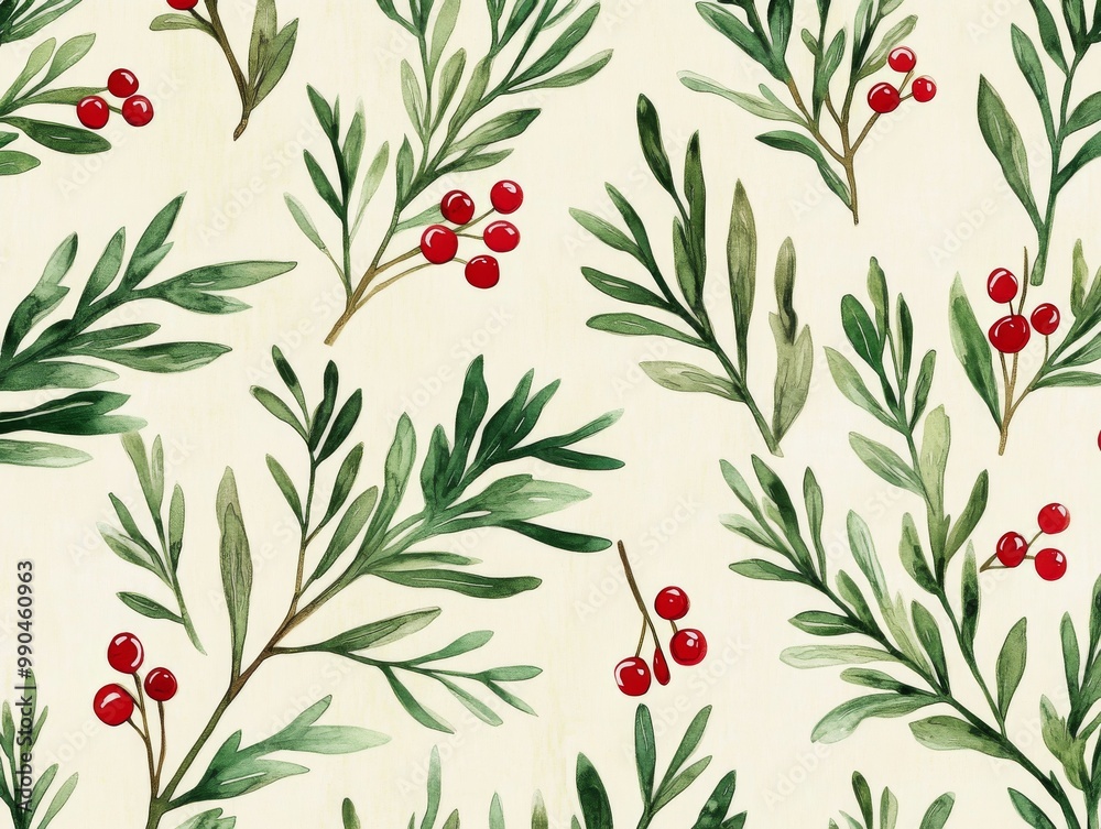 2408 71.A seamless pattern featuring watercolor illustrations of Christmas tree twigs and red holly berries, arranged in a repeating design. The delicate green branches and vibrant red berries create 2408 71.A seamless pattern featuring watercolor illustrations of Christmas tree twigs and red holly berries, arranged in a repeating design. The delicate green branches and vibrant red berries create