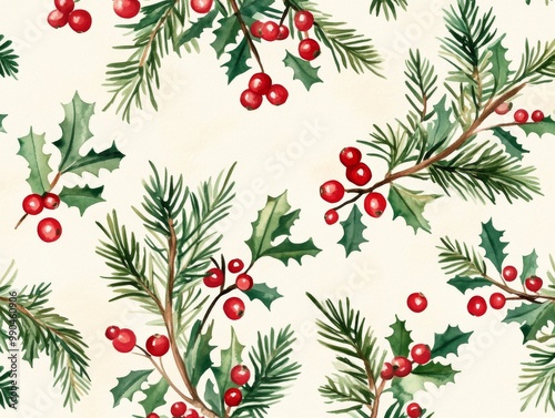 2408 71.A seamless pattern featuring watercolor illustrations of Christmas tree twigs and red holly berries, arranged in a repeating design. The delicate green branches and vibrant red berries create photo