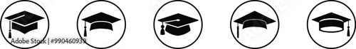 Set of Graduation Caps - A collection of Students Tosses Caps - Black-White Vector Illustration