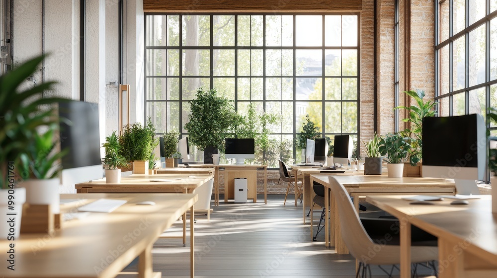 Obraz premium A modern coworking space with wooden desks and multiple PC monitors in a row, bathed in natural light from a panoramic window.
