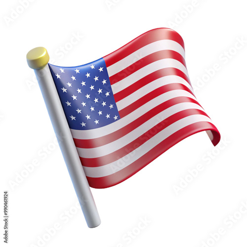 A stylized 3D rendering of the American flag waving, set against a plain background. The colors are vibrant, and the folds give it a sense of motion. photo