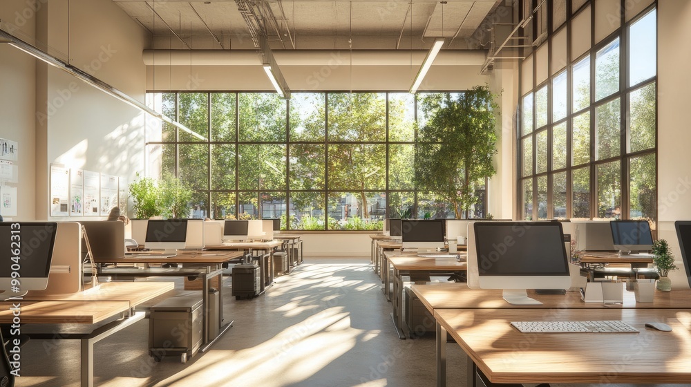 Bright and open coworking office with wooden desks, PC monitors in rows, and a large panoramic window bringing in natural light. Bright and open coworking office with wooden desks, PC monitors in rows, and a large panoramic window bringing in natural light.