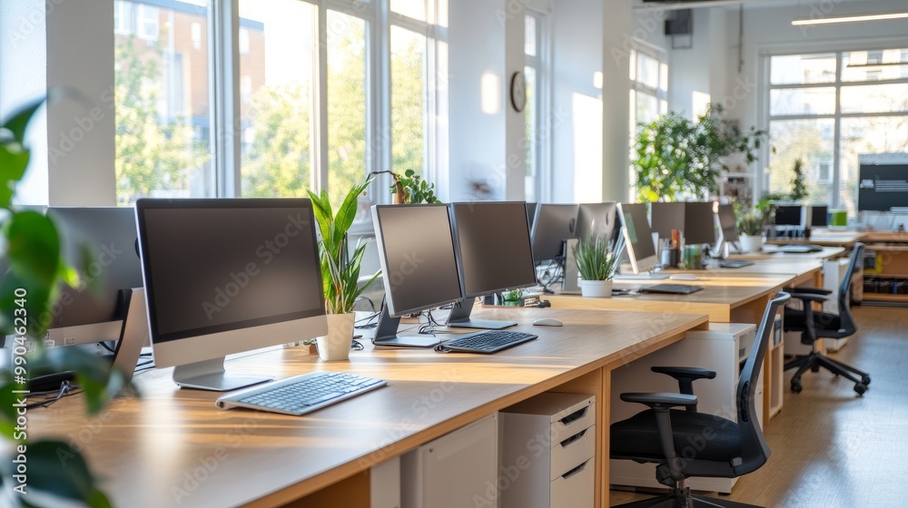 Bright and open coworking office with wooden desks, PC monitors in rows, and a large panoramic window bringing in natural light. Bright and open coworking office with wooden desks, PC monitors in rows, and a large panoramic window bringing in natural light.