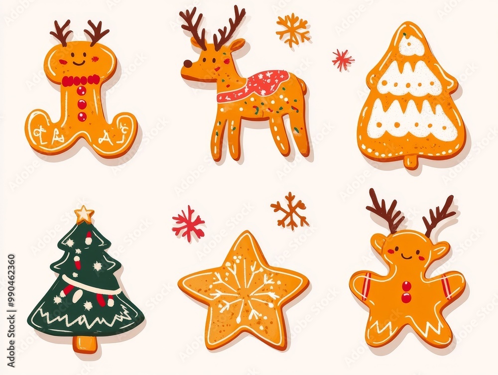 Fototapeta premium 2408 90.A cute set of Christmas gingerbread cookies in festive shapes, including reindeer, Christmas trees, and stars. Each cookie is adorned with colorful icing in a fun, flat cartoon style,