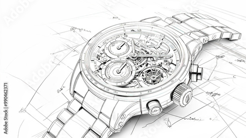 Luxury chronograph watch design lying on technical drawing