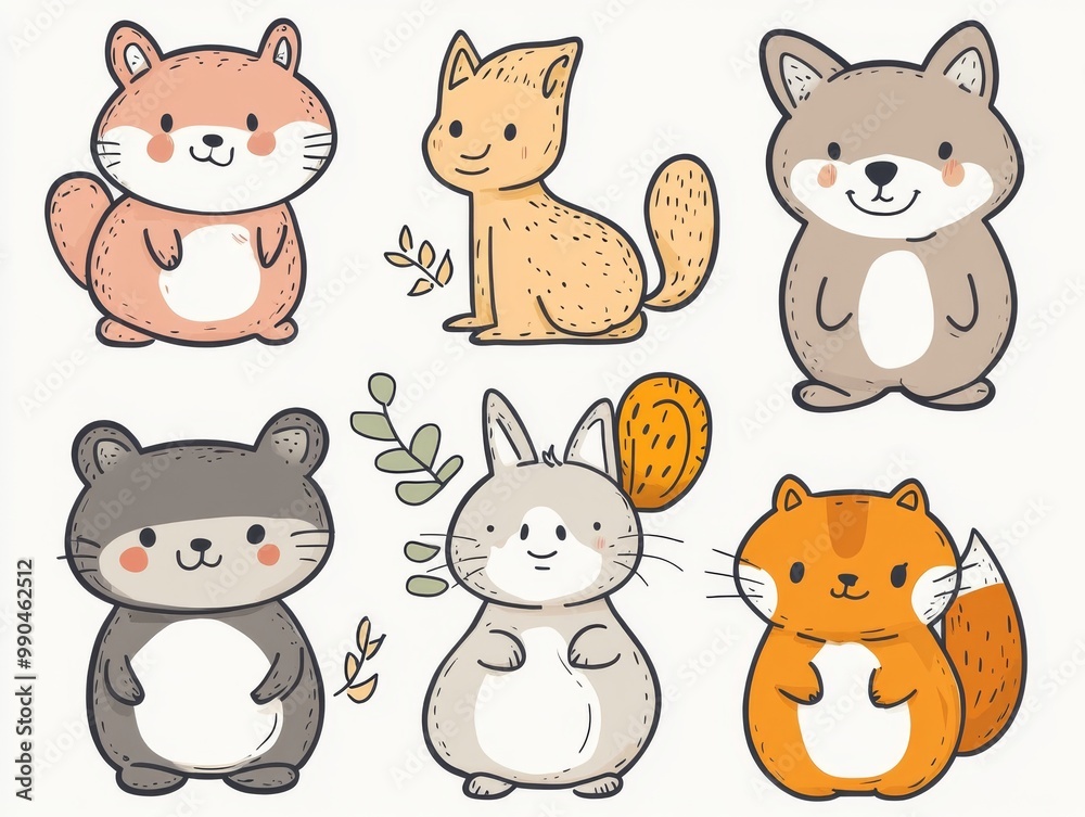 Fototapeta premium 2408 91.A set of hand-drawn cartoon animal stickers featuring cute and playful designs. The collection includes animals like a bear, cat, rabbit, and fox, each illustrated with expressive features