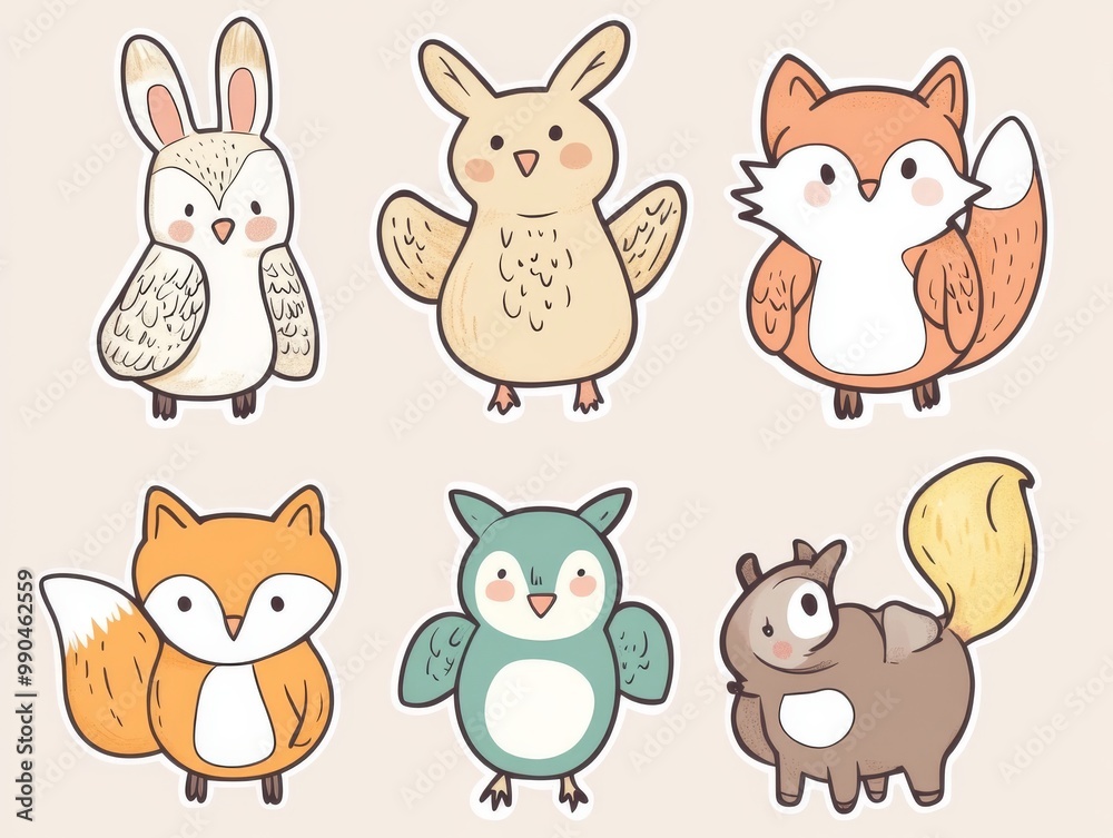 Obraz premium 2408 92.A charming sticker set of hand-drawn cartoon animals, including a bunny, owl, fox, and squirrel. Each character is illustrated in a cute doodle style with bright colors and happy expressions,