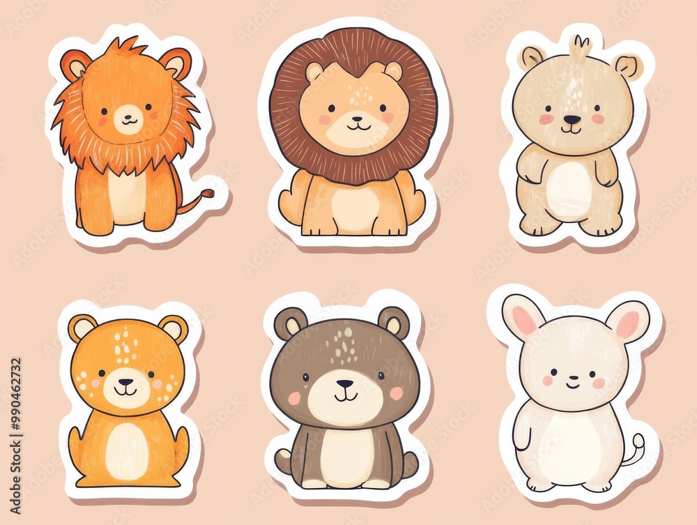 2408 94.A delightful sticker set of hand-drawn cartoon animals, including a lion, bear, and rabbit. The characters are illustrated in a cute doodle style with expressive eyes and fun details, making 2408 94.A delightful sticker set of hand-drawn cartoon animals, including a lion, bear, and rabbit. The characters are illustrated in a cute doodle style with expressive eyes and fun details, making