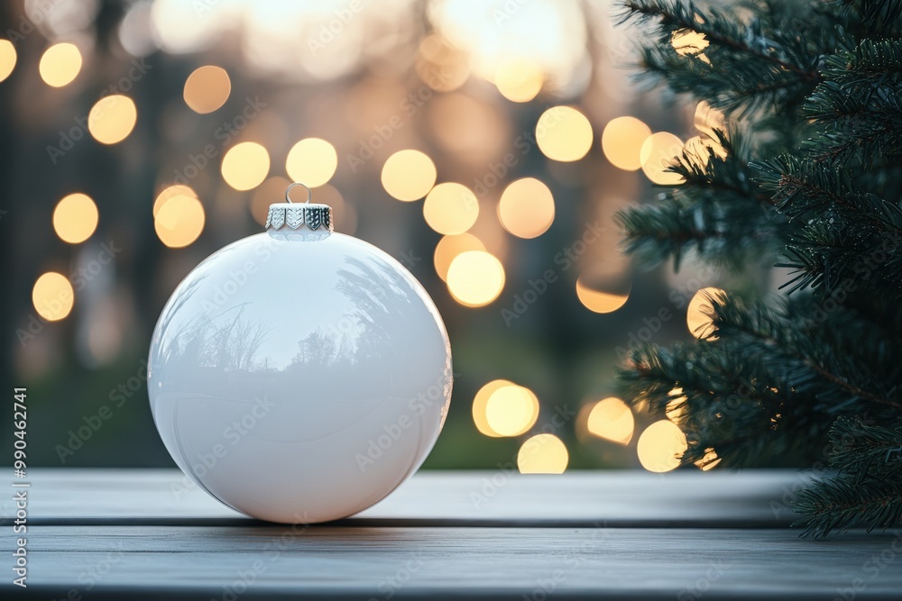 Festive Christmas Ornament on Wooden Table with Soft Holiday Lights Festive Christmas Ornament on Wooden Table with Soft Holiday Lights
