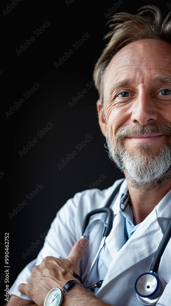 warmly smiling doctor in white coat with stethoscope on black background warmly smiling doctor in white coat with stethoscope on black background