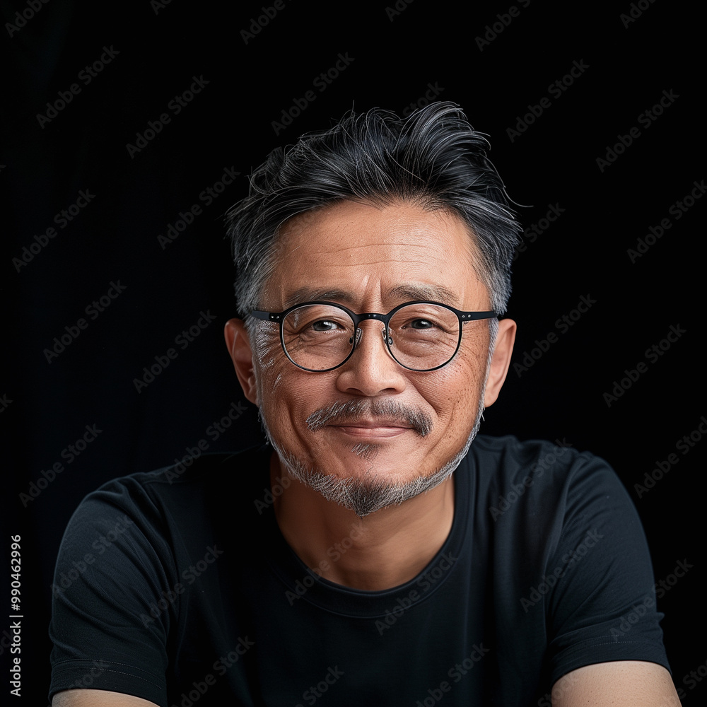 Portrait of attractive man in glasses and black t-shirt on black background, Korean man of athletic build Portrait of attractive man in glasses and black t-shirt on black background, Korean man of athletic build