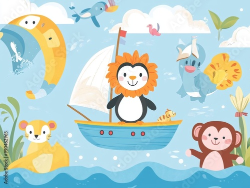 2408 99.A playful vector set of cartoon animals on boats and ships, including a penguin sailing a small boat, a lion on a luxury yacht, and a monkey exploring the ocean on a submarine. The bright,