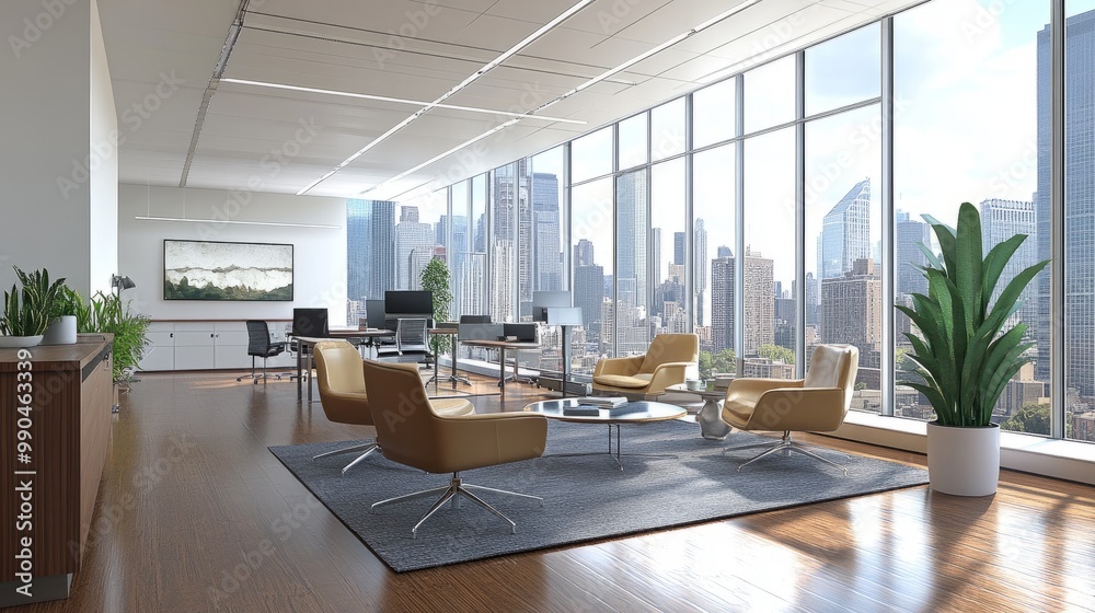 Clean, modern open office design with large windows offering a wide view of the city skyline and sleek modern furnishings. 3D rendering. Clean, modern open office design with large windows offering a wide view of the city skyline and sleek modern furnishings. 3D rendering.