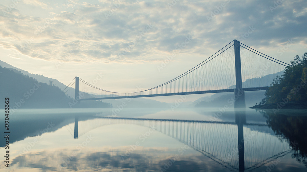 Obraz premium misty bridge over calm water at sunrise