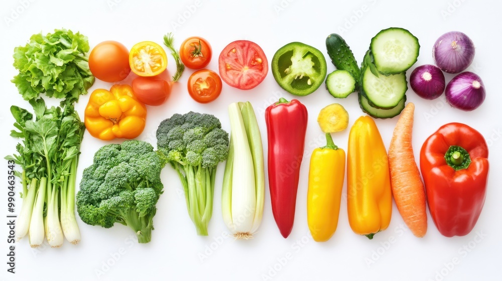 Fresh colorful vegetables arranged in a row on white background. Fresh colorful vegetables arranged in a row on white background.