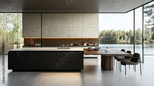 Contemporary kitchen with an island, dinner table, and a cabinet by a large window offering a bright, minimalist look.