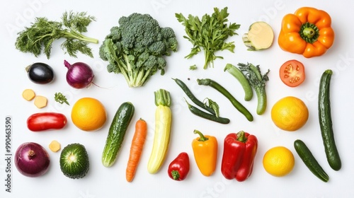 Fresh, colorful vegetables and fruits arranged on a white background.