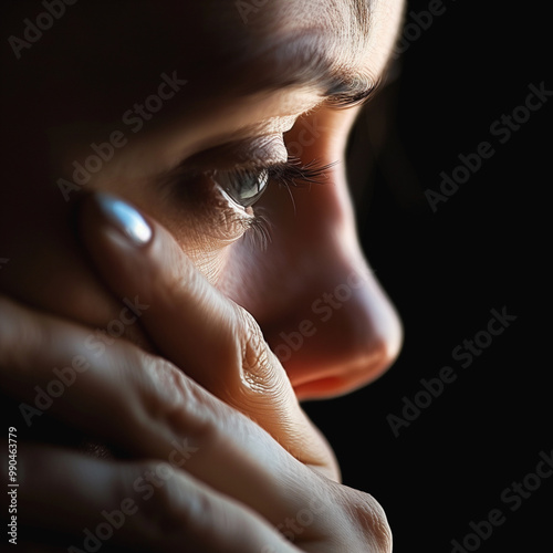 close up portrait of upset thoughtful woman on black background photo