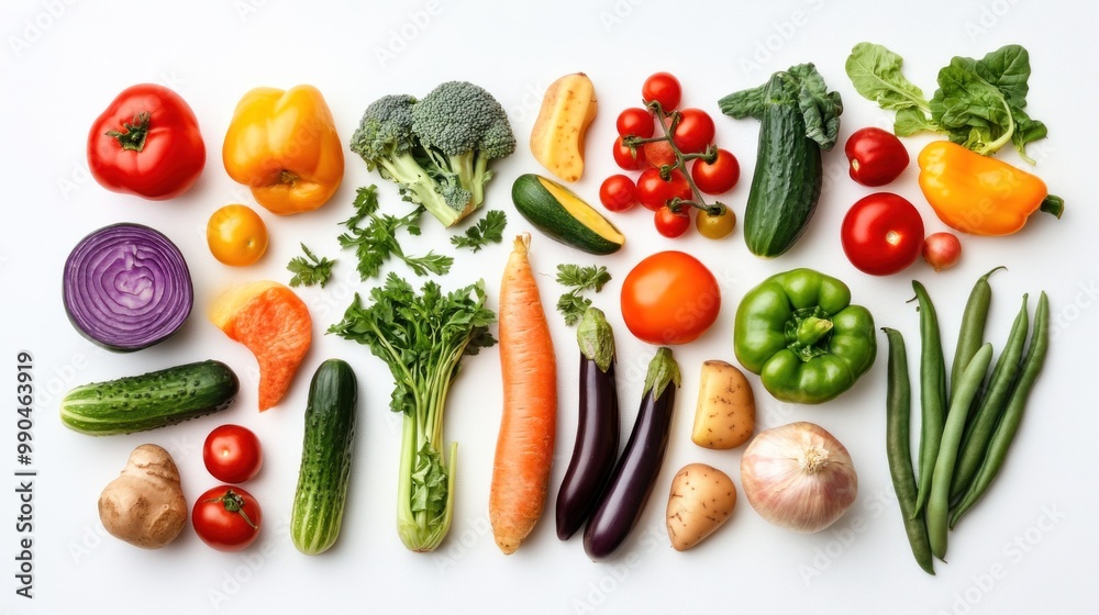 Assortment of fresh vegetables on white background, top view.