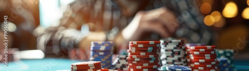 Close-up of poker chips stacked on a casino table with a blurred player in the background. Perfect for gambling and casino theme projects.