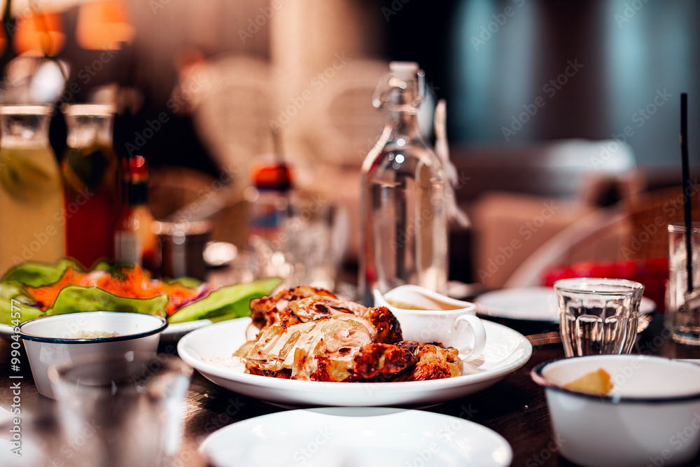roast chicken display on table restaurant. Selective focus, shallow depth of field. roast chicken display on table restaurant. Selective focus, shallow depth of field.