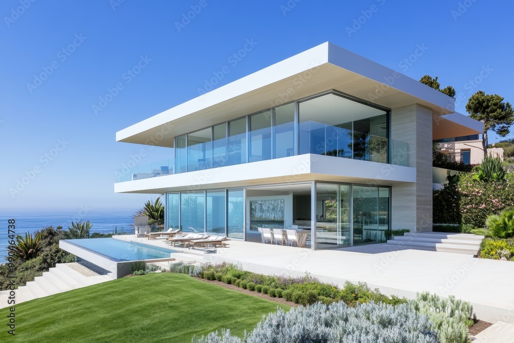 Fototapeta premium A modern villa with expansive glass walls and a scenic ocean view, featuring a stylish pool and lush green landscaping.
