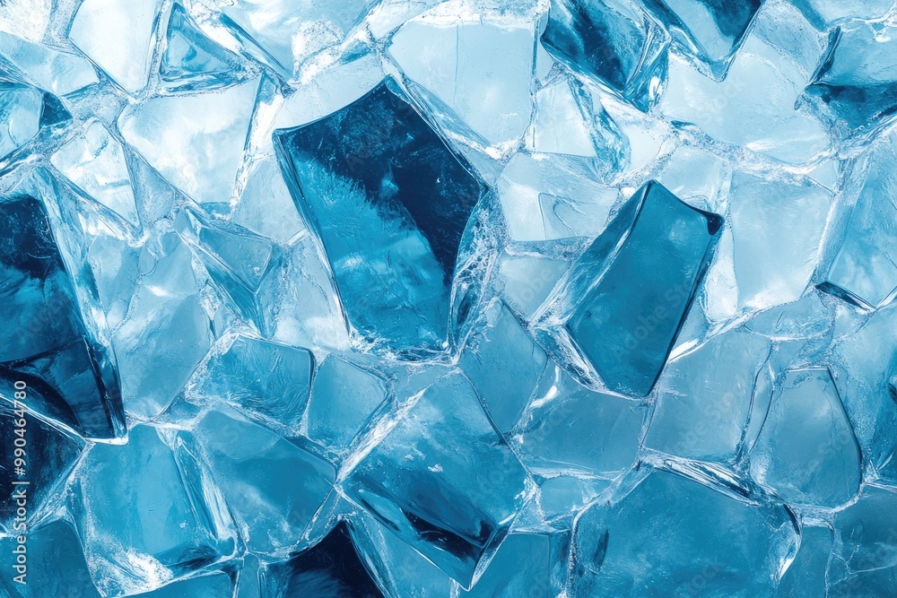 Cracked ice texture with jagged, translucent shards reflecting cool, blue tones Cracked ice texture with jagged, translucent shards reflecting cool, blue tones