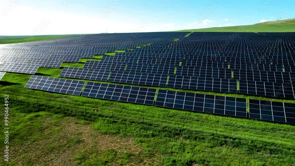 4k aerial video of solar power generation device on the grassland