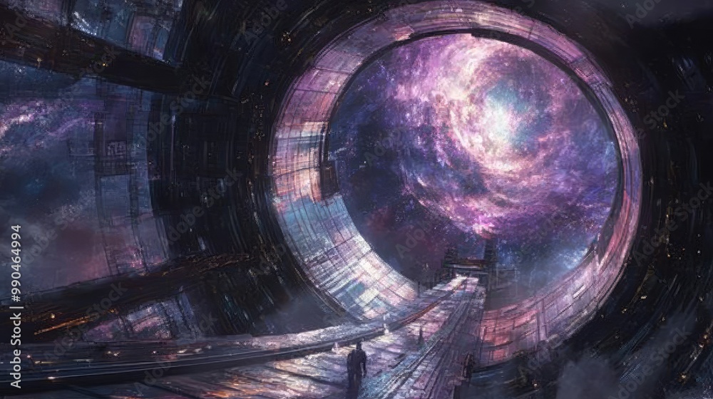 A grand, futuristic observatory on the edge of a black hole, with swirling cosmic energy visible through massive glass windows.