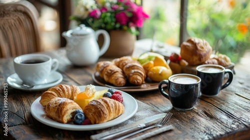 A rustic wooden table set for breakfast with a variety of pastries, fruit, and coffee. 