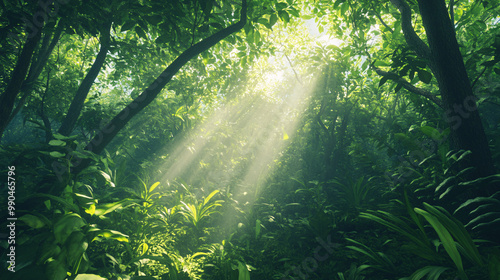 sunlight through lush jungle canopy - green, tropical, nature, rainforest, sunlight, rays, beams, mystical, forest, green, leaves, foliage, environment, natural