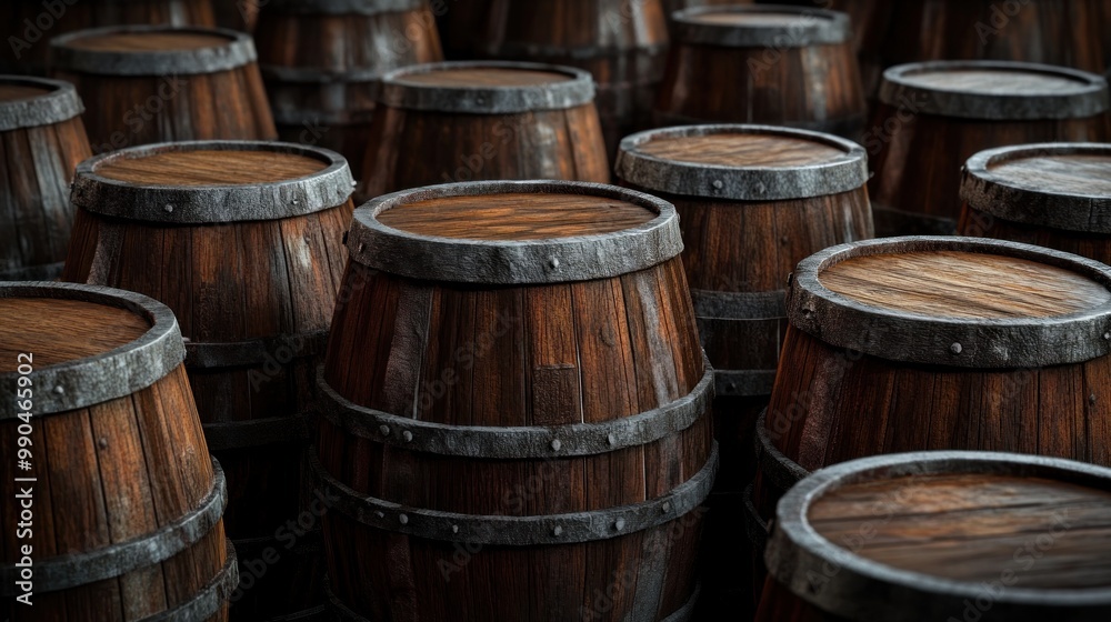 Closeup of a group of wooden barrels with metal hoops in a rustic setting. Closeup of a group of wooden barrels with metal hoops in a rustic setting.