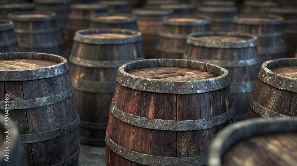Close-up shot of a row of wooden barrels with iron bands, selective focus on the front barrel. Close-up shot of a row of wooden barrels with iron bands, selective focus on the front barrel.