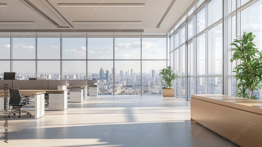 Modern office interior with large windows, a clear view of a bustling city, and open workstations bathed in natural light. 3D rendering.